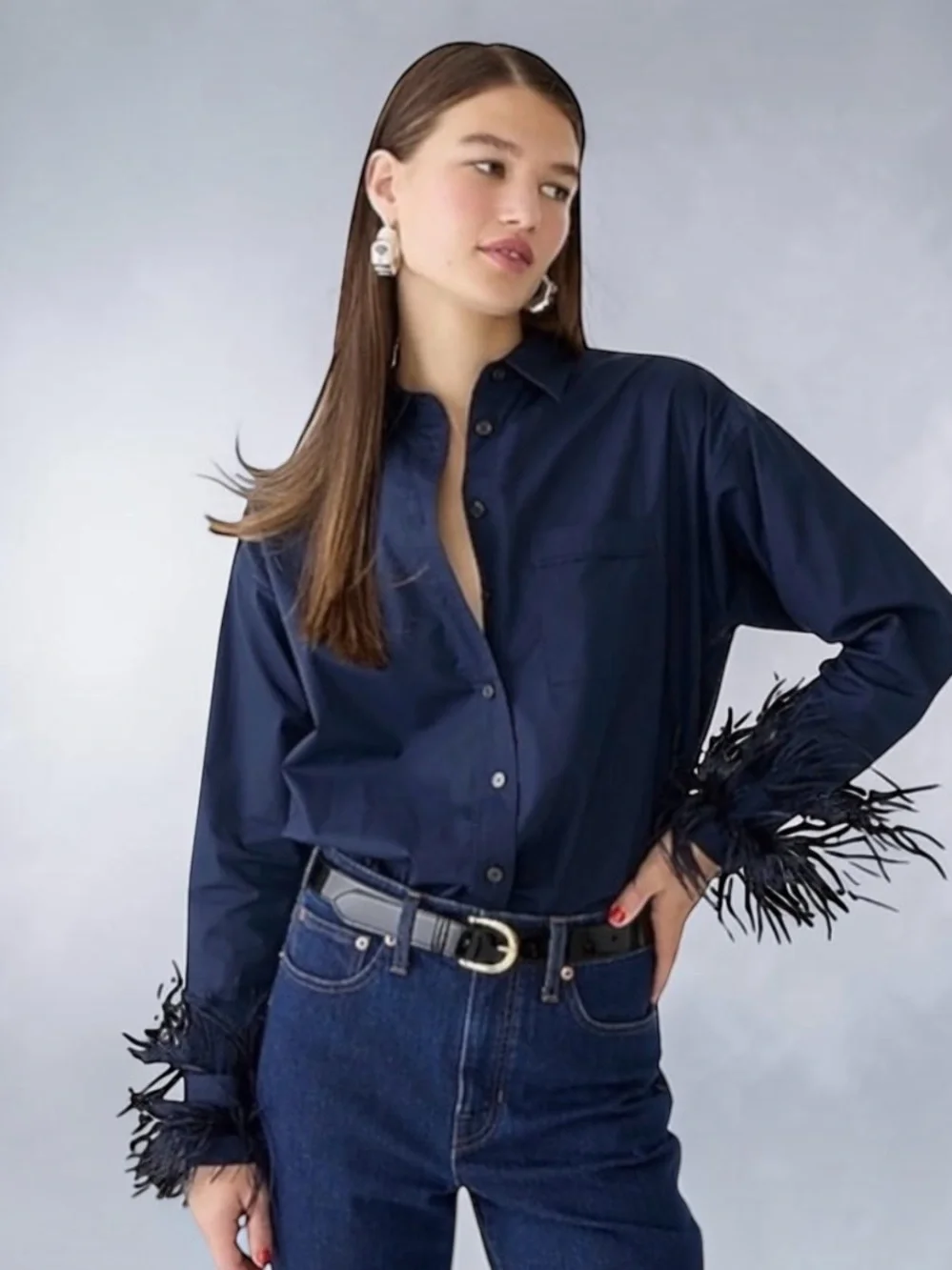 J. CREW COLLECTION Feather-Trim Cotton Poplin Button-Up Shirt Size 8